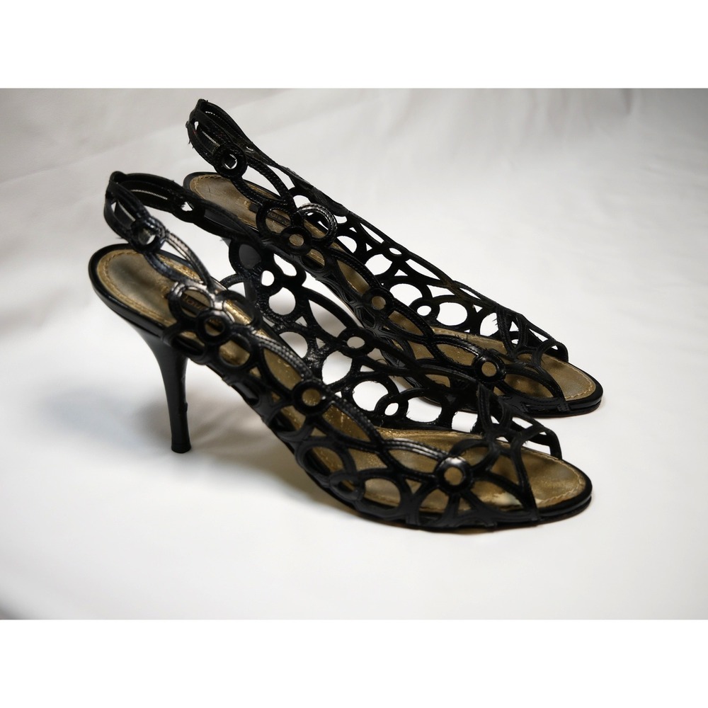 Louis Vuitton Black Patent Leather Laser‎ Cut Cage Slingback Heels Sandals 38